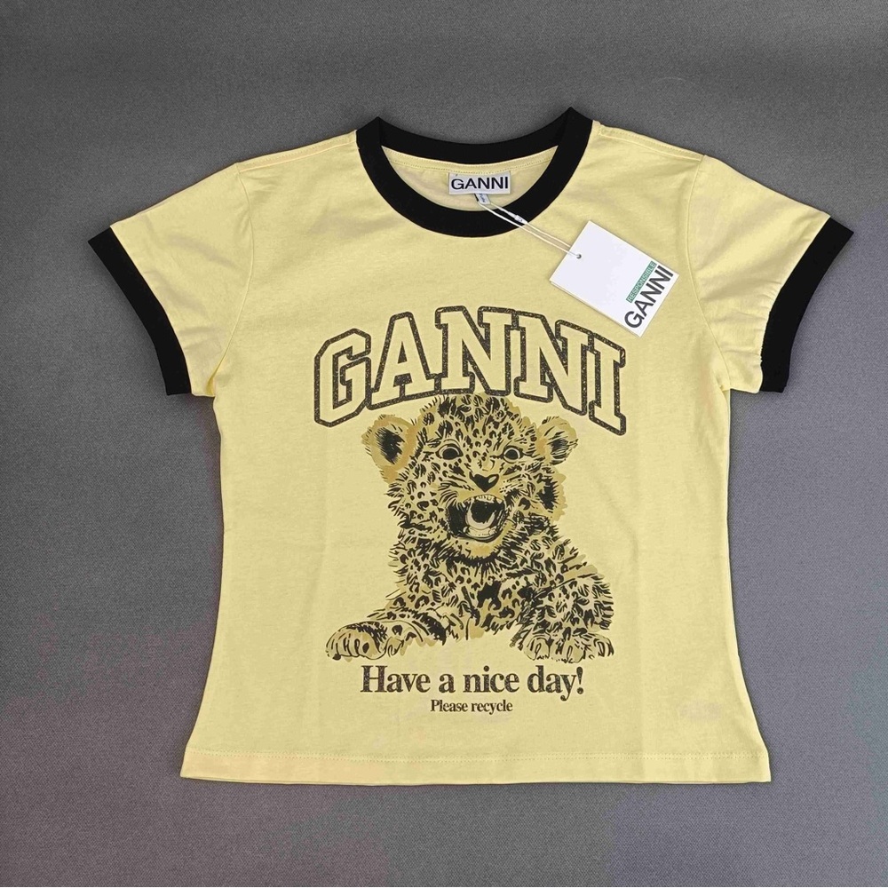 Ganni Yellow Tee with Black Trim and Leopard Graphic - Have a Nice Day - Picture 2 of 5